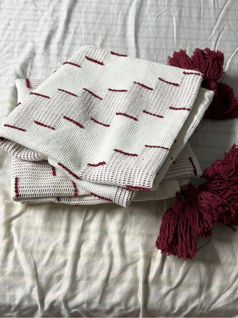 Blue Page pillow covers  with Burgundy Tassel Detail embroidered boho (2)